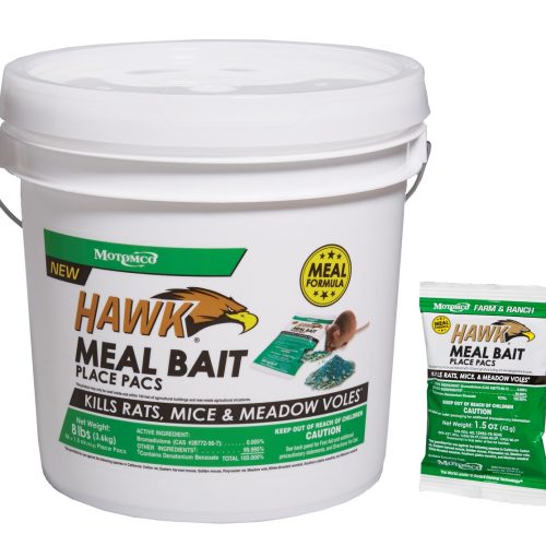 A bucket of Hawk Meal Bait rodenticide